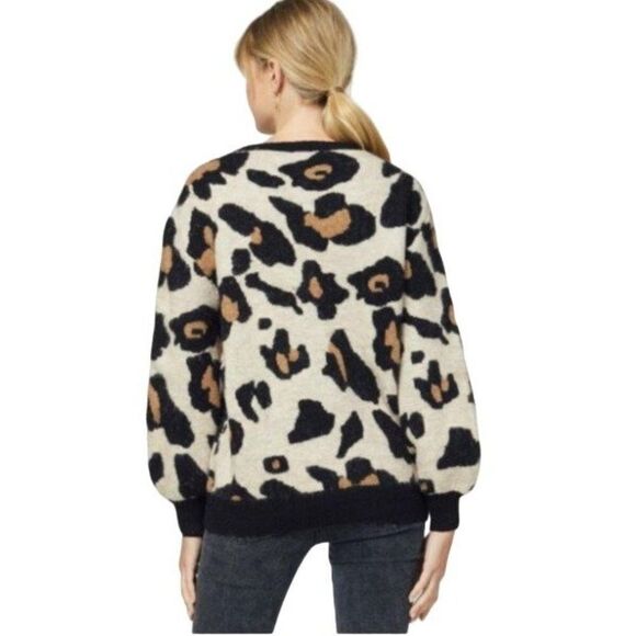 Entro Leopard Cheetah Knit Animal Print Balloon Sleeve Cozy Sweater Top - Picture 2 of 8